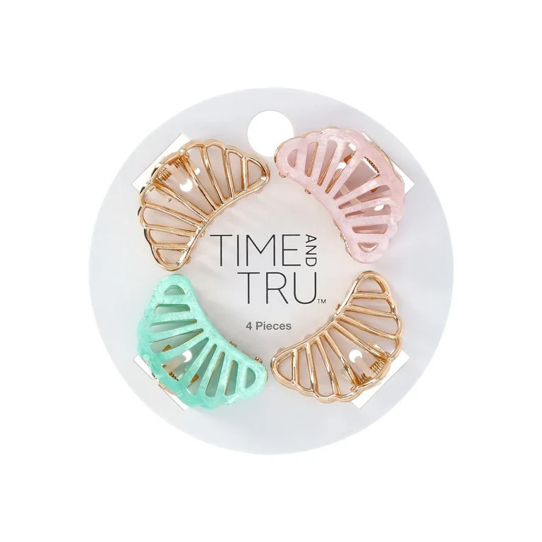 Time and Tru Women's Mixed Metal Shell Claw Clip Set, 4-Piece | Walmart (US)