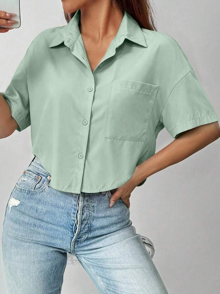 Chiquease Women's Summer Solid Color Dropped Shoulder Casual Pocket Loose Short Shirt,Short Sleev... | SHEIN