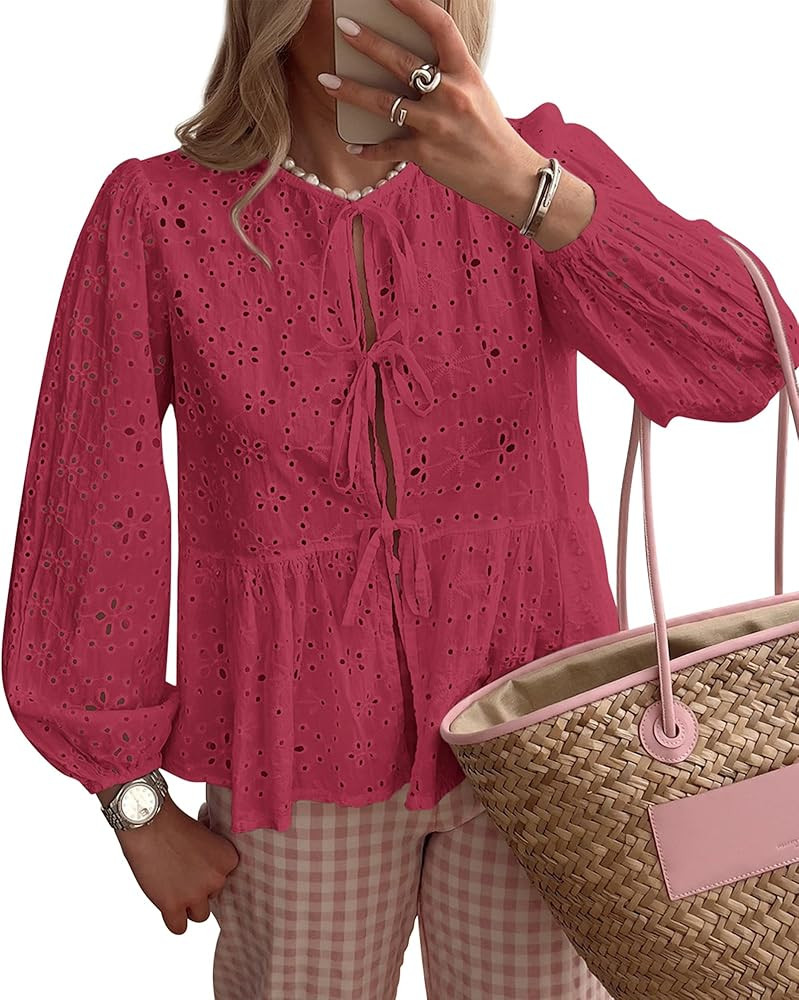 KIRUNDO Womens Tops Casual Dressy Tie Front Bow Puff Sleeve Eyelet Peplum Babydoll Cute Shirts 20... | Amazon (US)