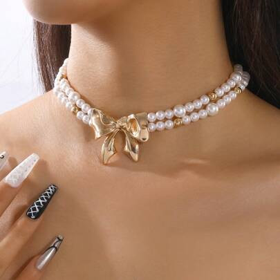 1pc Pearl Beaded Double Layer Bow Tie Style Necklace Choker, Elegant Fashion Accessory For Women, Daily Wear | SHEIN