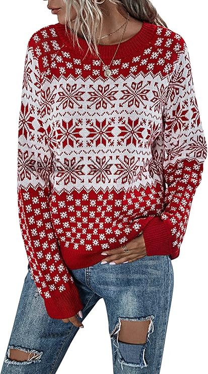 AUDATE Women Cute Christmas Reindeer Snowflakes Crew Neck Knitted Sweater Pullover | Amazon (US)