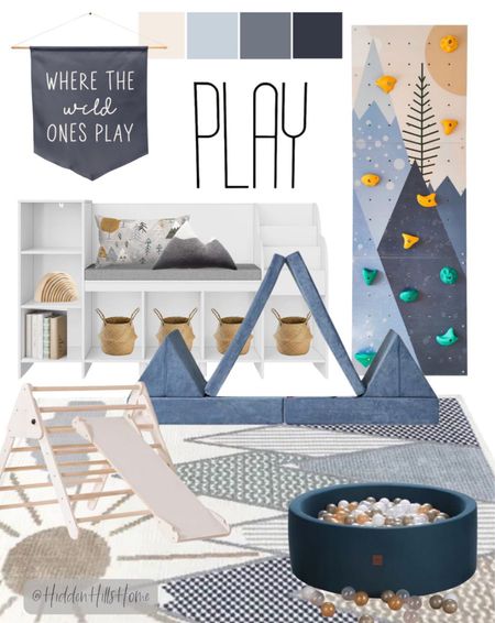 Kids playroom decor, playroom mood board with climbing wall, playroom decor ideas, ball pit, kids toy storage #playroom

#LTKhome #LTKkids #LTKsalealert