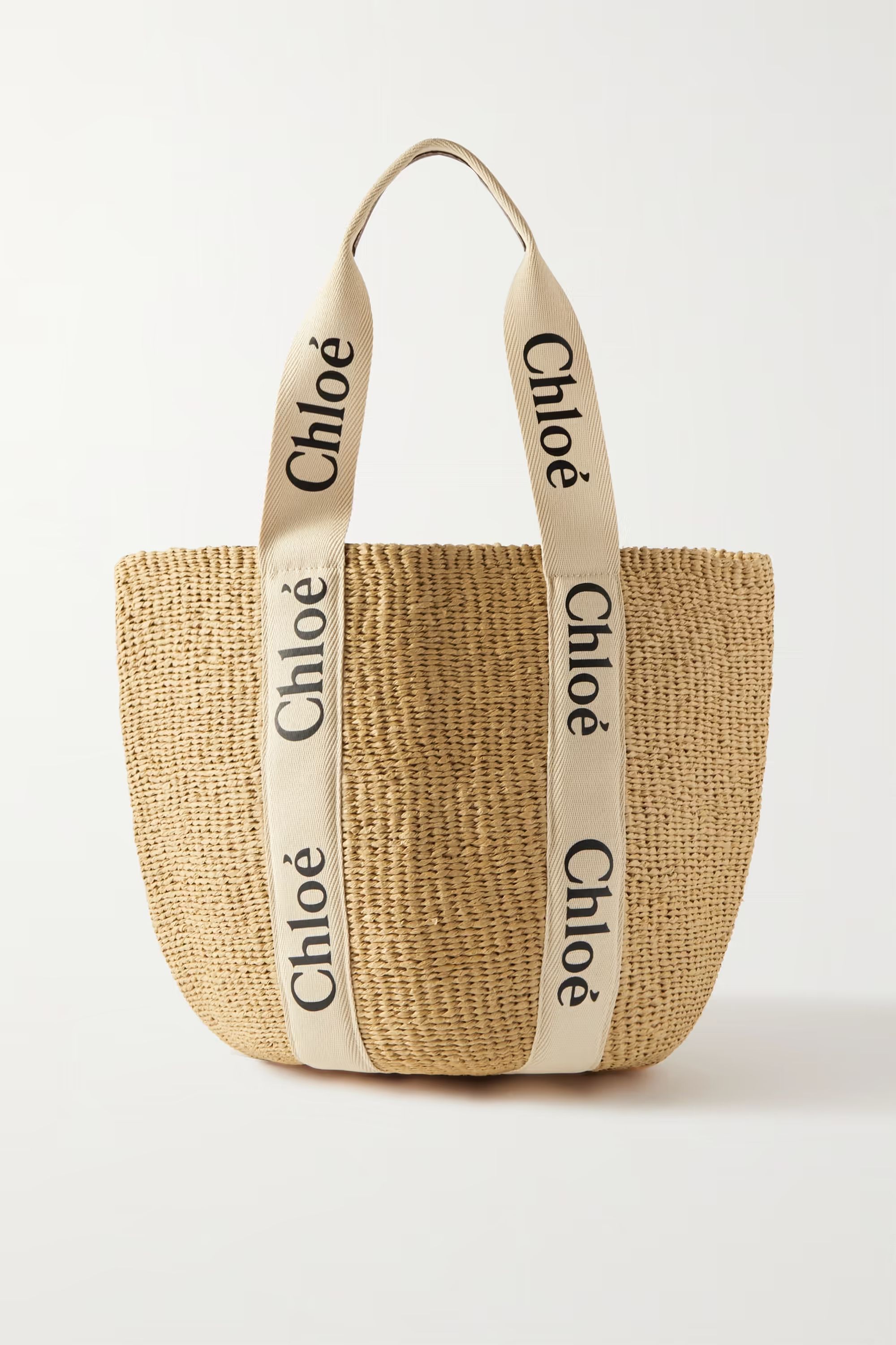 CHLOÉWoody large printed leather-trimmed canvas and raffia tote | NET-A-PORTER (US)