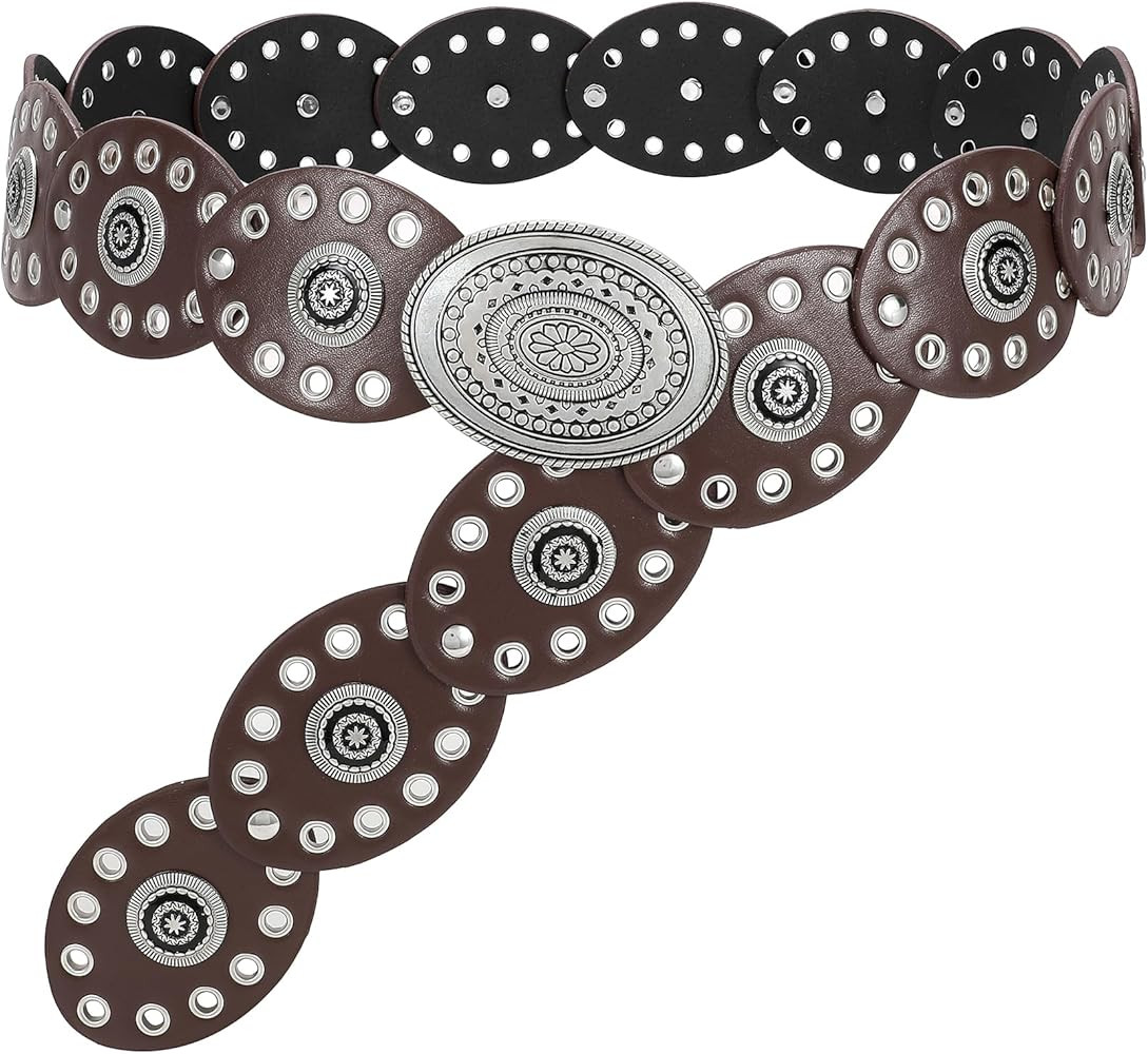 WHIPPY Women Disc Concho Leather Belt Western Cowgirl Wide Belt Vintage Boho Country Oval Waist B... | Amazon (US)