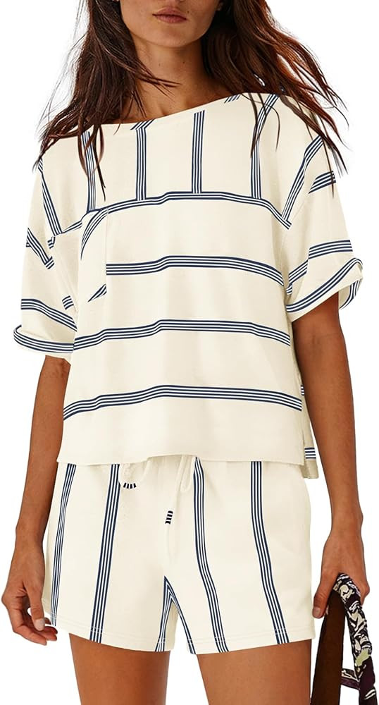 Nirovien Womens Striped Lounge Set 2 Piece Vacation Outfits Short Sleeve Tops and Drawstring Shor... | Amazon (US)