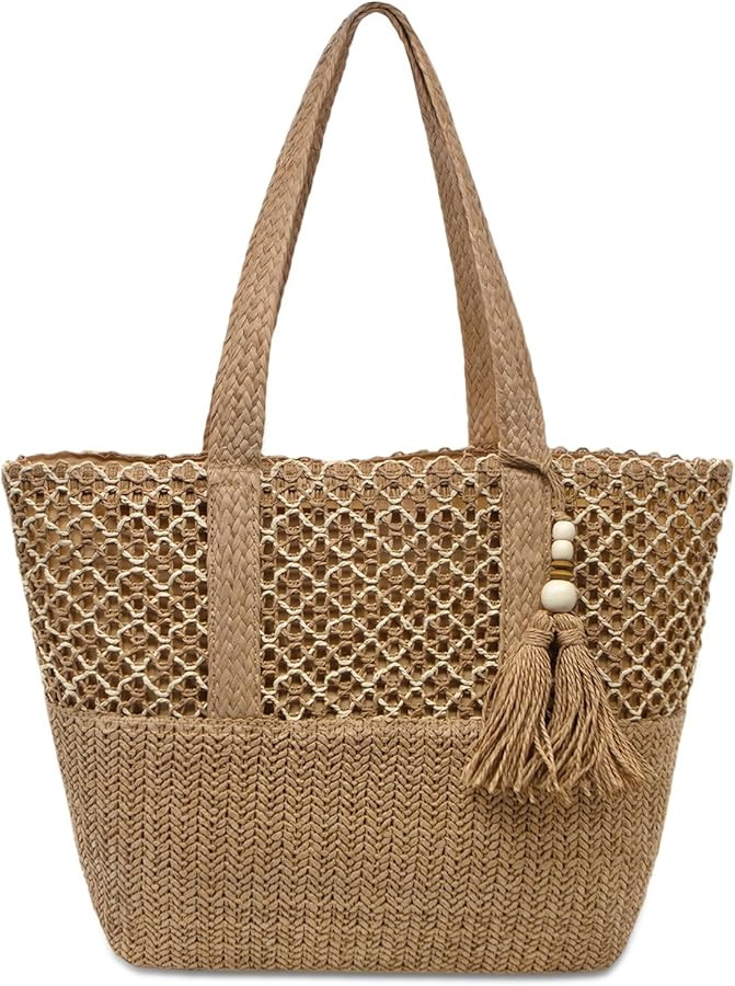 YAMEIZE Straw Woven Beach Shoulder Bags for Women Big Foldable Straw Tote bag Lightweight Raffia ... | Amazon (US)
