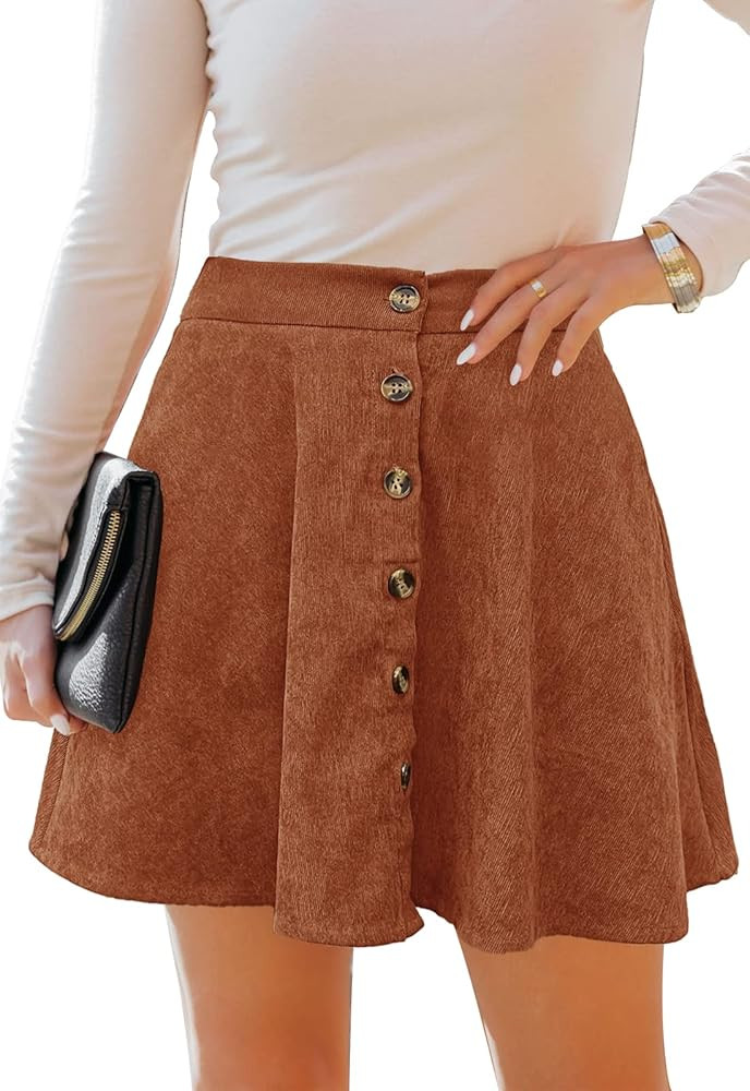 Women’s Button Front Mini Skirt A-line Pleated Corduroy Skater Skirts for Women with Pocket | Amazon (US)