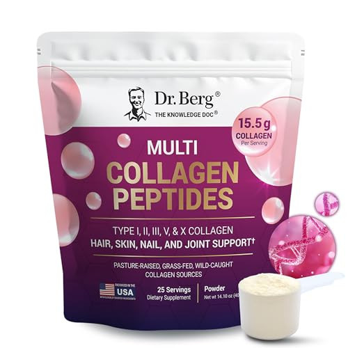 Dr. Berg Multi Collagen Peptides Powder Types I, II, III, V, X - Unflavored Collagen Powder w/ 14 g of Protein - Grass-Fed, Pasture-Raised & Wild-Caught Collagen Sources - 25 Servings | Amazon (US)