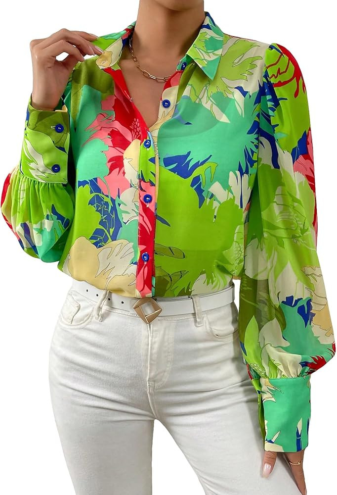 Floerns Women's Sheer Drop Shoulder Blouse Long Sleeve Collar Button Loose Shirts Tops | Amazon (US)