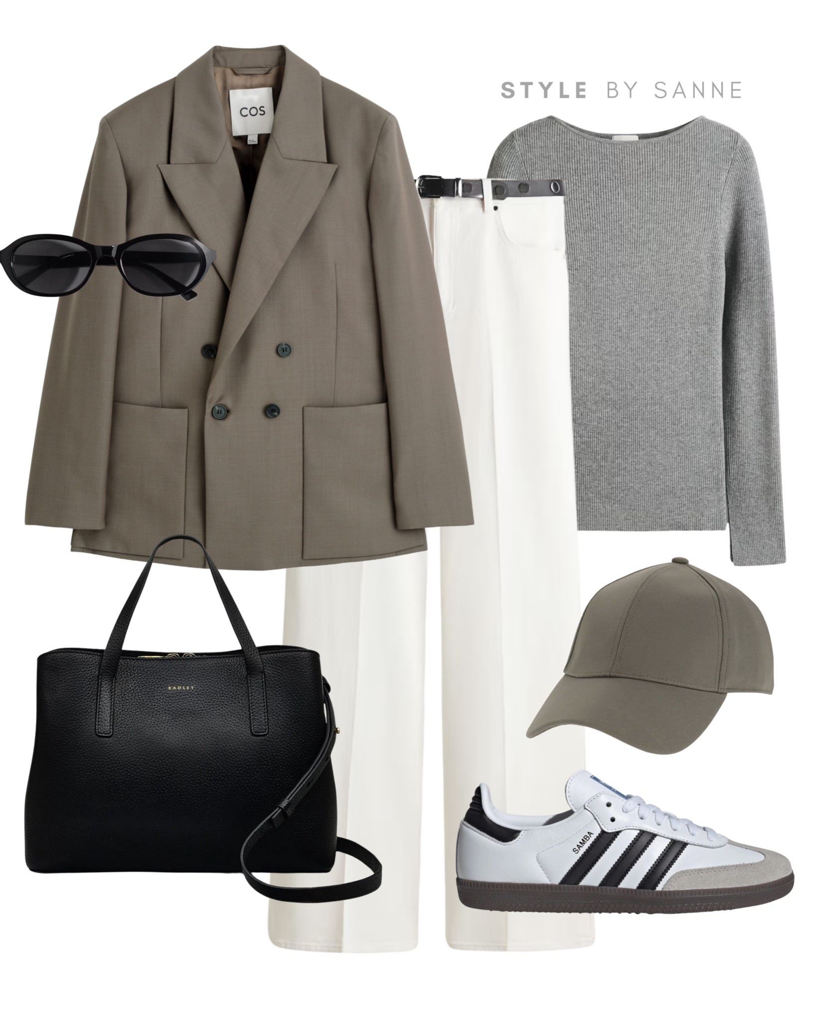 Minimal neutrals with a taupe blazer and grey knit styled over wide white trousers, finished with a cap, Sambas and a structured black bag for a clean, modern city look.🫶🏼

#LTKstyletip #LTKFashionMonth #LTKworkwear