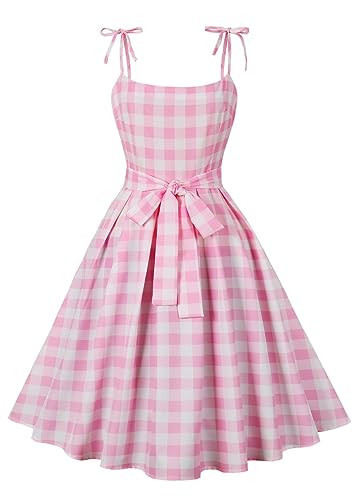 Nihsatin Pink Swing Dress Tie Shoulder Plaid Printed Knot Waist Dress | Amazon (US)
