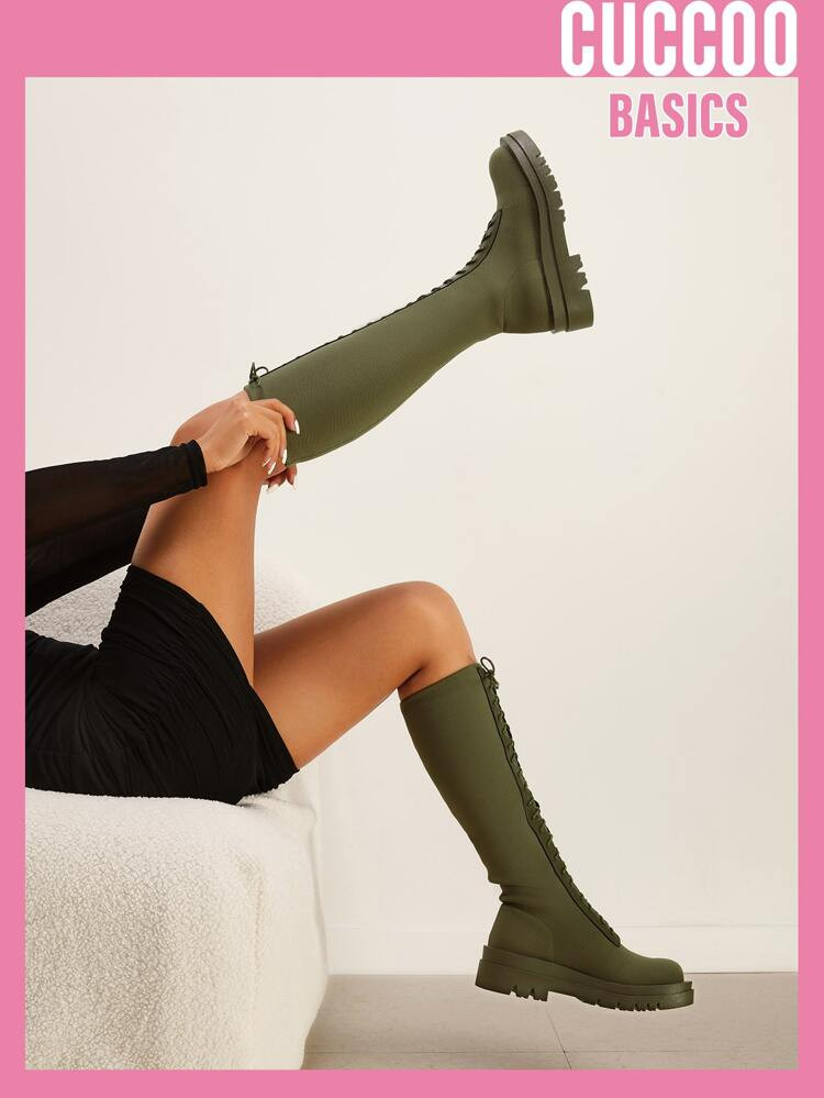 CUCCOO Basic Knit Detail Lace-up Front Riding Boots | SHEIN