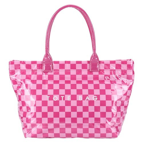 Duyijiff Checkered Tote Bag Large Plaid PVC Tote Bag for Women Plastic Letters Print Handbag for Work Shopping (B07 Pink) | Amazon (US)