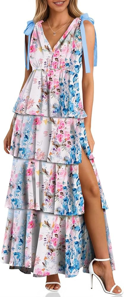 Wenrine Womens Summer Floral Maxi Dress Tie Strap Sleeveless V Neck High Slit Boho Ruffle Tiered ... | Amazon (US)