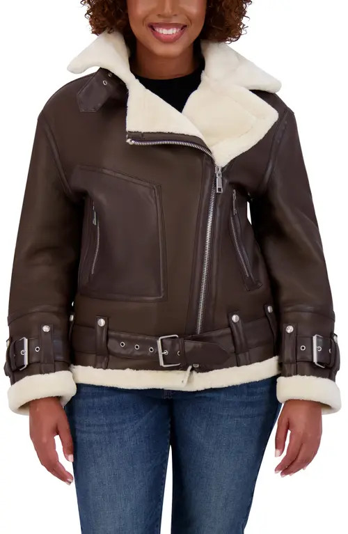 Rebecca Minkoff Water Repellent Faux Leather Moto Jacket with Faux Shearling Lining in Chocolate at Nordstrom, Size Large | Nordstrom