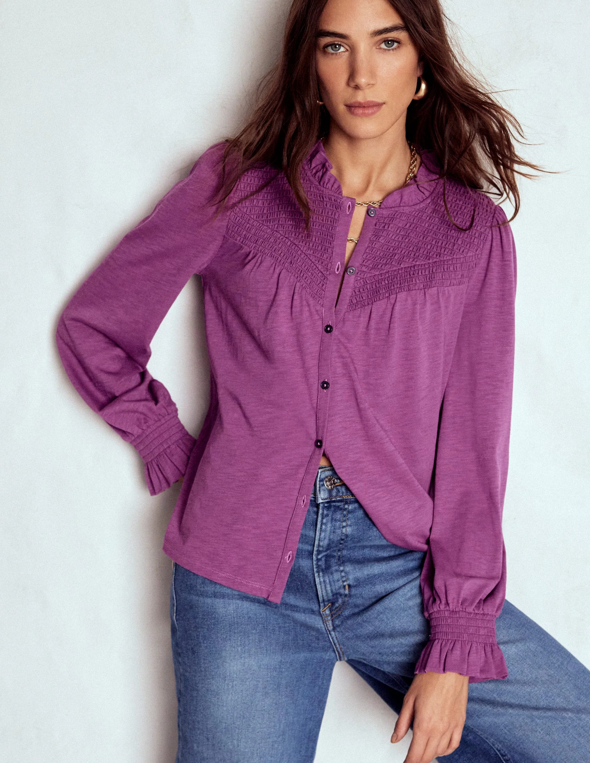 Smocked Yoke Jersey Shirt-Amethyst | Boden (US)