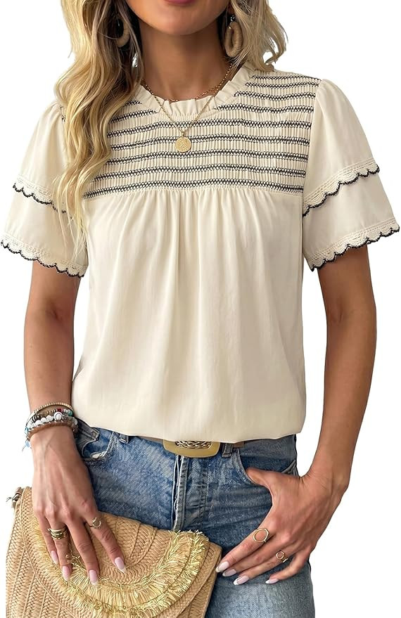 Dokotoo Womens Summer Smocked Tops Crewneck Short Ruffle Sleeve Blouses | Flowy Boho Clothes,Styl... | Amazon (US)