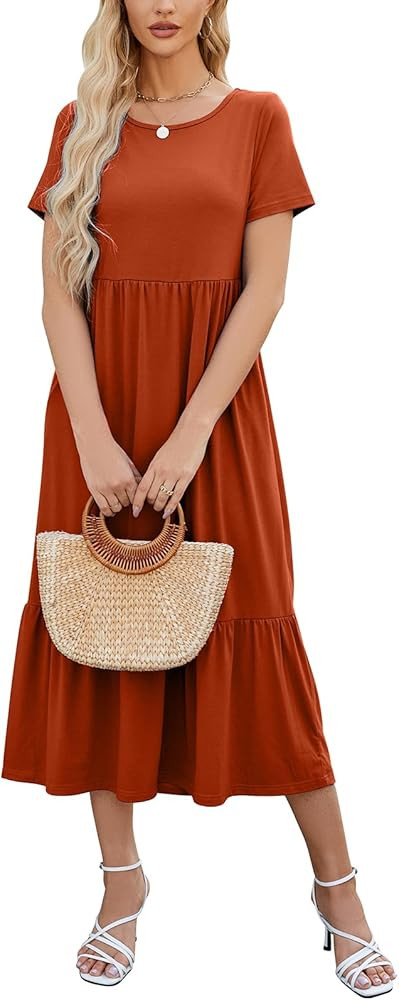 Gracyoga Women's Summer Maxi Dress 2024 Casual Short Sleeve Crewneck Flowy Swing Tiered Long Beac... | Amazon (US)