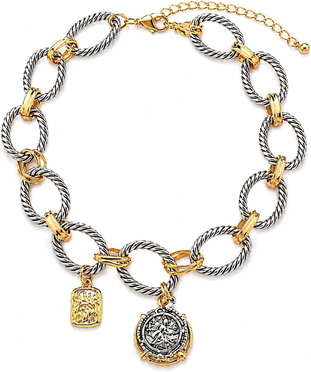 Two Tone Chunky Chain Necklace, Vintage Coin Charm Jewelry for Women | Amazon (US)