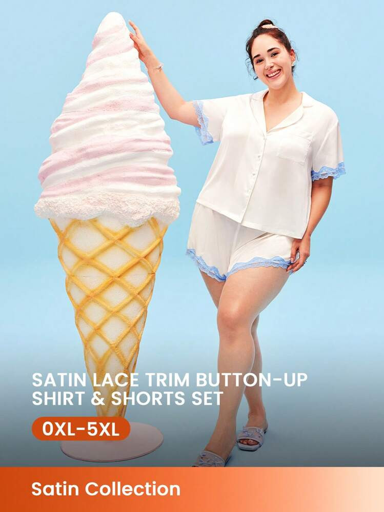 LUVLETTE Plus Women Sexy Silky Satin Luxurious Lace Trim Short-Sleeve Button-Up Top & Shorts Airy... | SHEIN