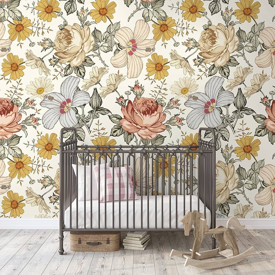 Murwall Kids Floral Wallpaper Soft Peony and Daisy Flowers Wall Mural | Amazon (US)