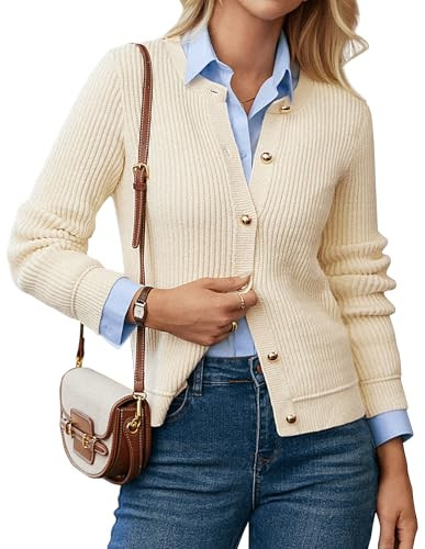 GRACE KARIN Knitted Cardigan for Women Dressy Button Down Sweaters Long Sleeve Ribbed Work Jacket Beige XL | Amazon (US)