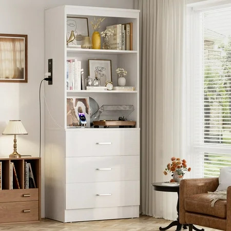 Homieasy 71" Tall Bookcases with 3 Large Drawers & 3 Shelves, Wooden Bookshelf for Living Room Office, with USB Ports & Outlets.White | Walmart (US)