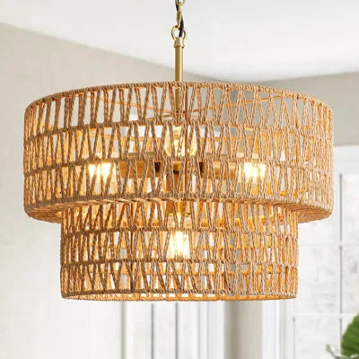 17.8" Boho Rattan Chandelier Light Fixtures, 4-Light Rattan Pendant Light With 2-Tier Wicker Shade, Farmhouse Rattan Hanging Light Fixture Chandelier | Wayfair North America