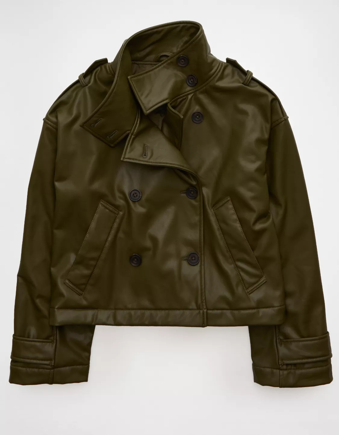 AE Faux Leather Cropped Trench Jacket | American Eagle Outfitters (US & CA)
