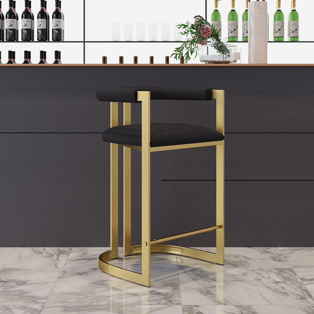 Modern Counter Stool Bar Stool with Back Black Upholstery in Gold 2-Pieces | Homary
