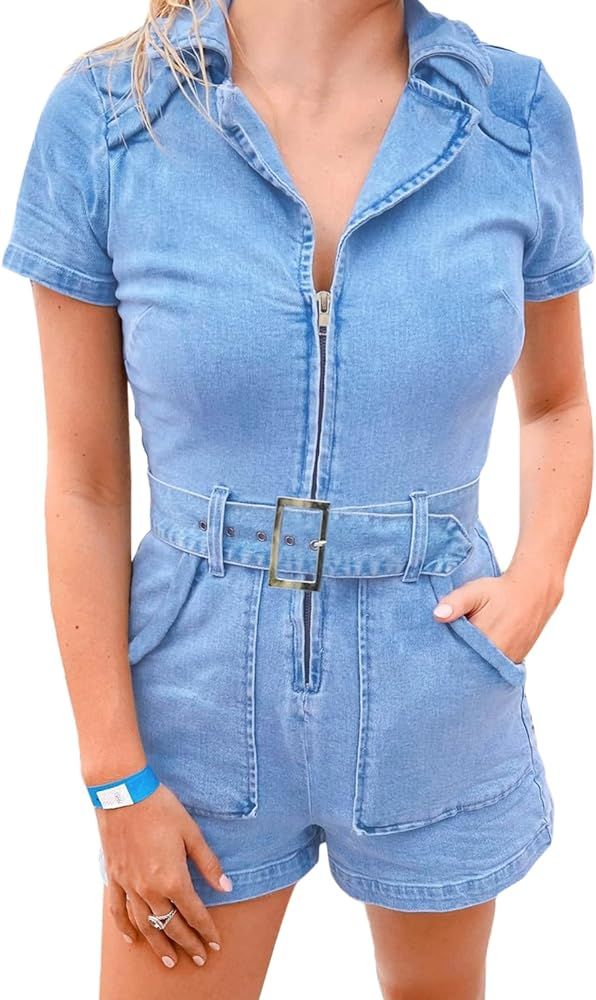 PLNOTME Women's Summer Denim Rompers Zip Up Belted Short Jeans Jumpsuits with Pockets | Amazon (US)