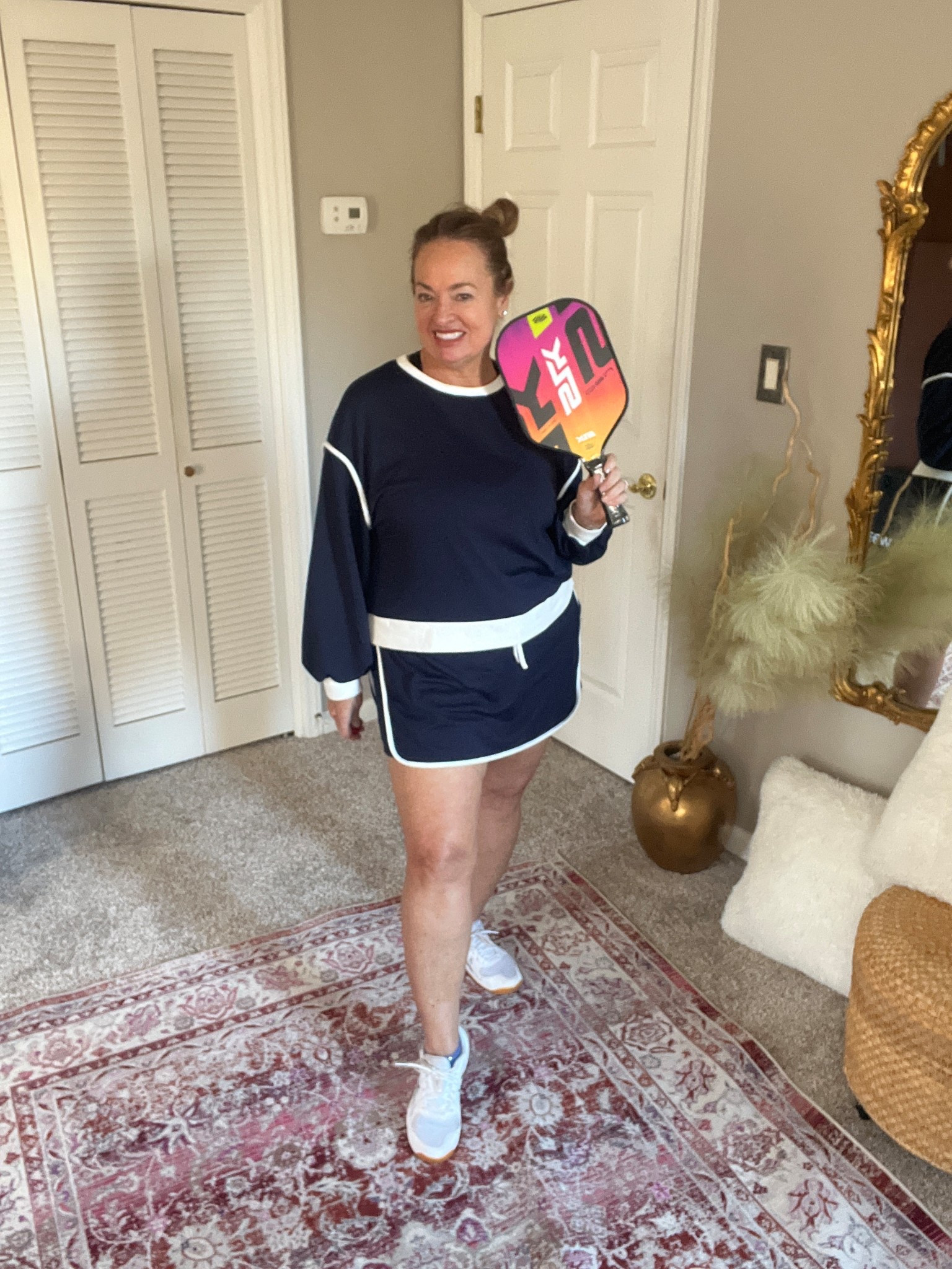 Womens 2 piece crew neck sweatshirt high waisted skort, tennis, pickleball tracksuit. Varsity inspired 

#LTKGiftGuide #LTKmorningroutine #LTKfitnessgoals