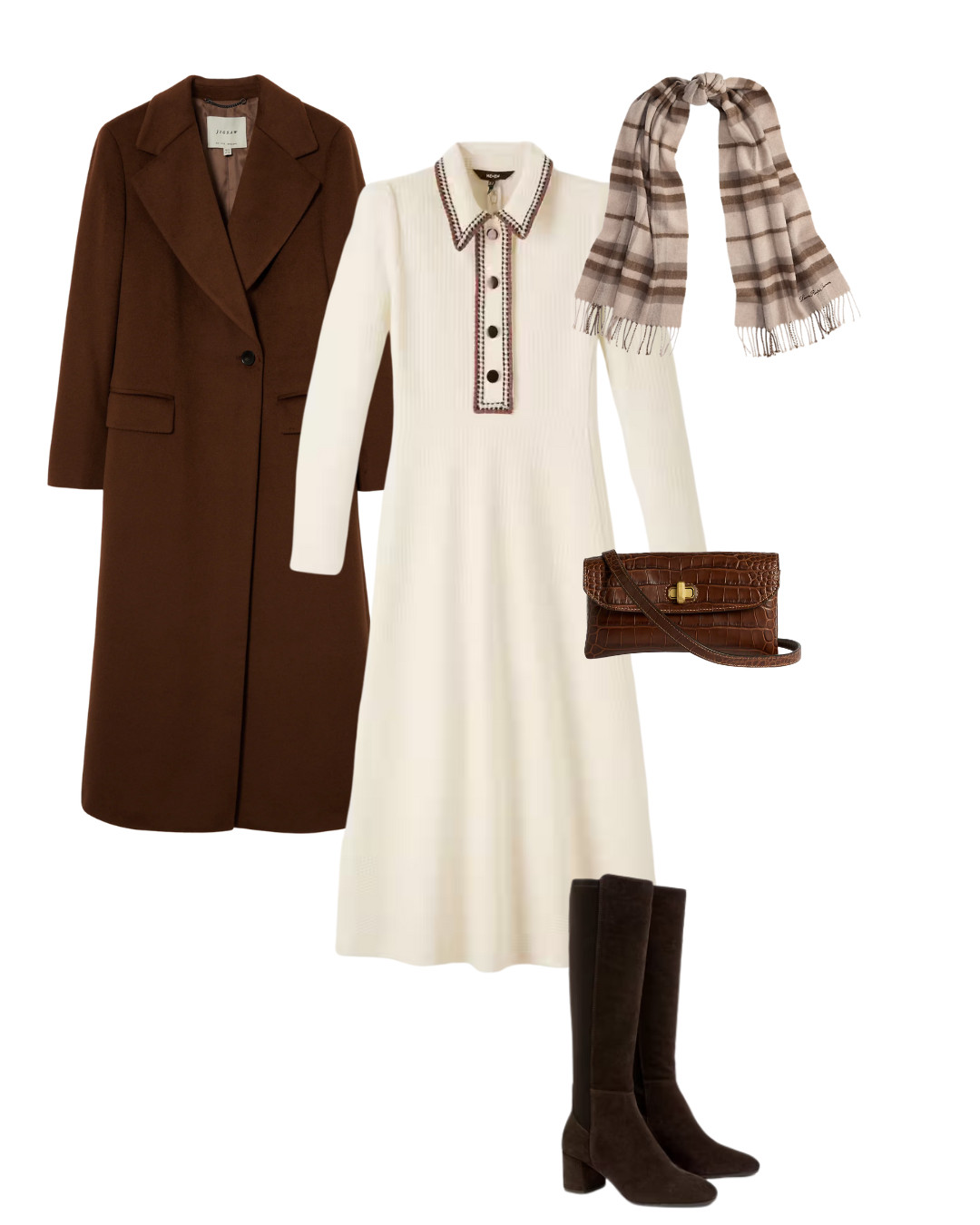 How to wear winter white for a smart lunch. Pair a winter white dress, with brown trim with chocolate brown coat, boots and bag and add a check scarf in brown and cream. Stylish and elegant 

 #LTKuk #LTKover50style #LTKstyletip