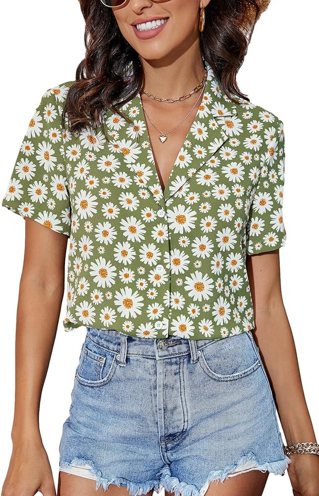 Floerns Women's Casual V Neck Collared Button Up Blouse Top Print Summer Shirt | Amazon (US)
