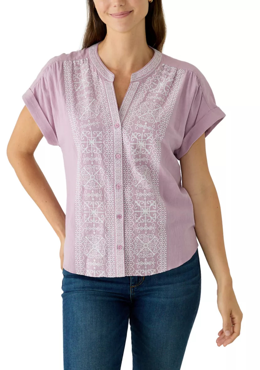 Women's Short Dolman Sleeve Embroidered Button Front Top | Belk