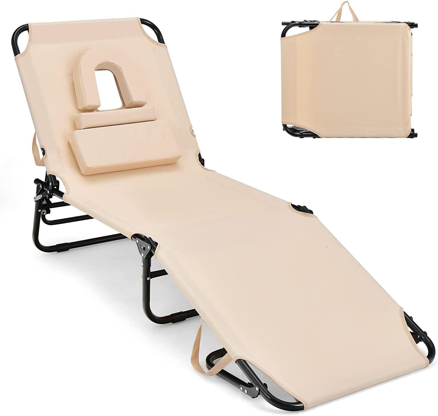 Giantex Chaise Folding Chair Adjustable Beach Patio Lounge Recliner, Beige | Amazon (US)