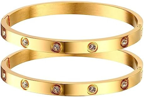 MPRAINBOW Gold Bracelets for Women, 2Pcs 18K Gold Plated Cubic Zirconia Bangle Crystal Friendship... | Amazon (US)