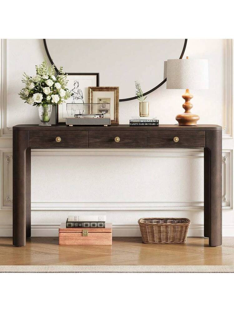 MERAX Rustic Console Table With Curved Corners For Safety, Entryway Table With 3 Concealed Drawers, Sturdy Sofa Table With Thick Legs For Hallway & Living Room (Espresso) | SHEIN