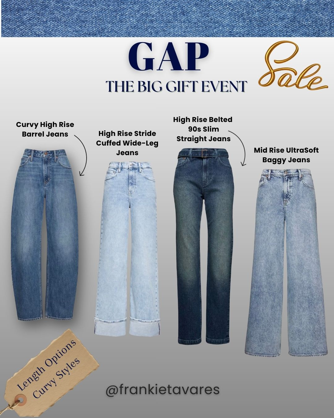 Gap is running a HUGE SALE that you should not miss!
THE BIG GIFT EVENT-50% OFF YOUR PURCHASE-INCLUDES SALES.
60% OFF Holiday Deals
REGULAR
TALL 
PETITE
CURVY
#gapthebigevent #sale #giftguide #jeans #salealert #frankietavares #curvy #tall #petite #regular 

 #LTKGiftGuide #LTKSaleAlert #LTKFindsUnder100
