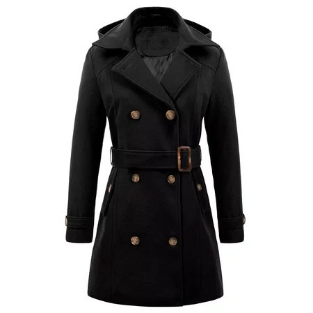 Chrisuno Womens Peacoats Double Breasted Belted Wool Blend Pea Coat Hood Black L | Walmart (US)