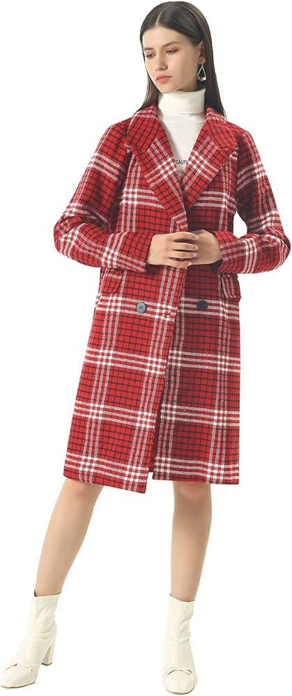 CHARTOU Women's Winter Oversize Lapel Collar Woolen Plaid Double Breasted Long Peacoat Jacket | Amazon (US)