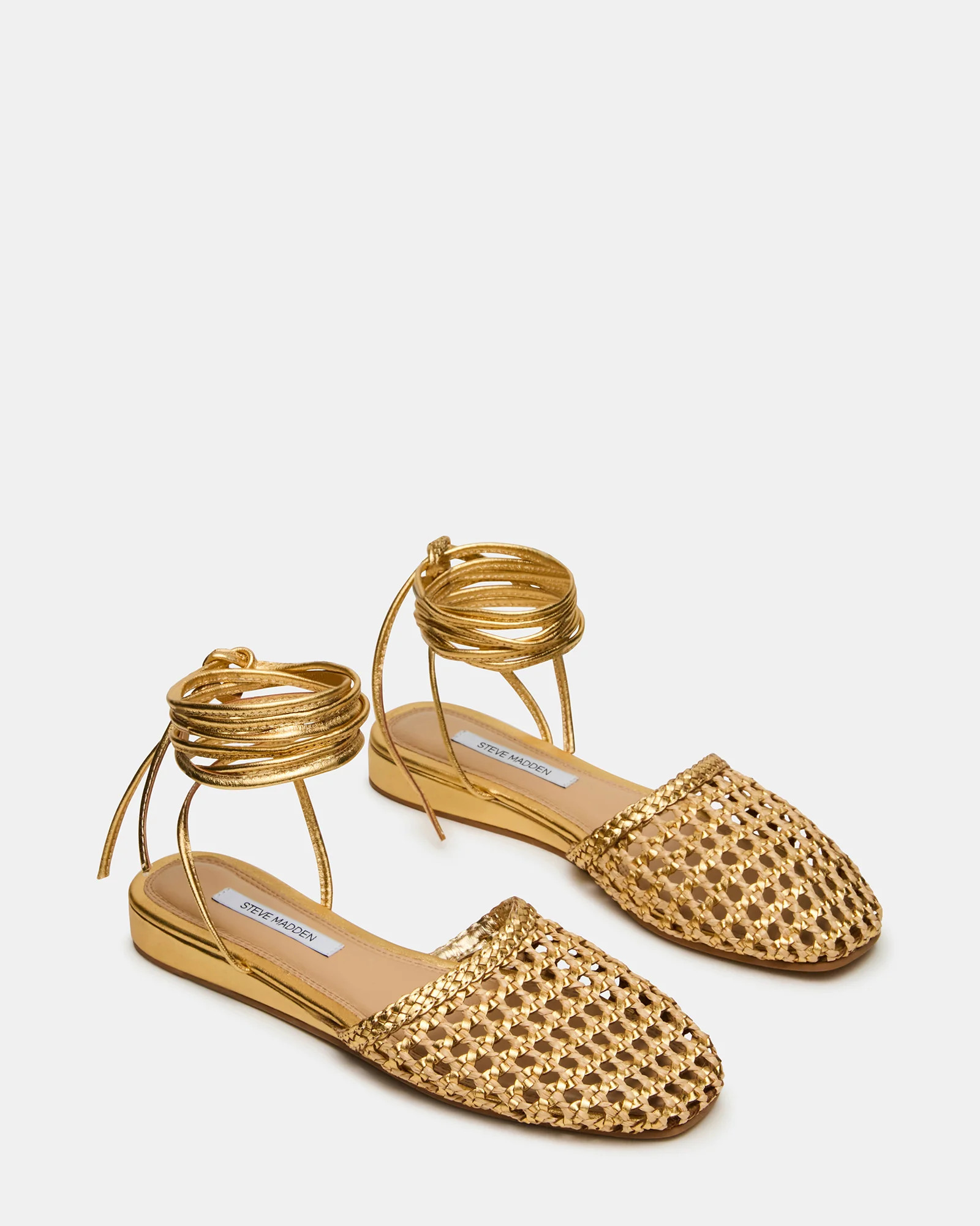 FLUTTER Gold Woven Mule Leg-Ties Strappy Women's Flat | Steve Madden (US)