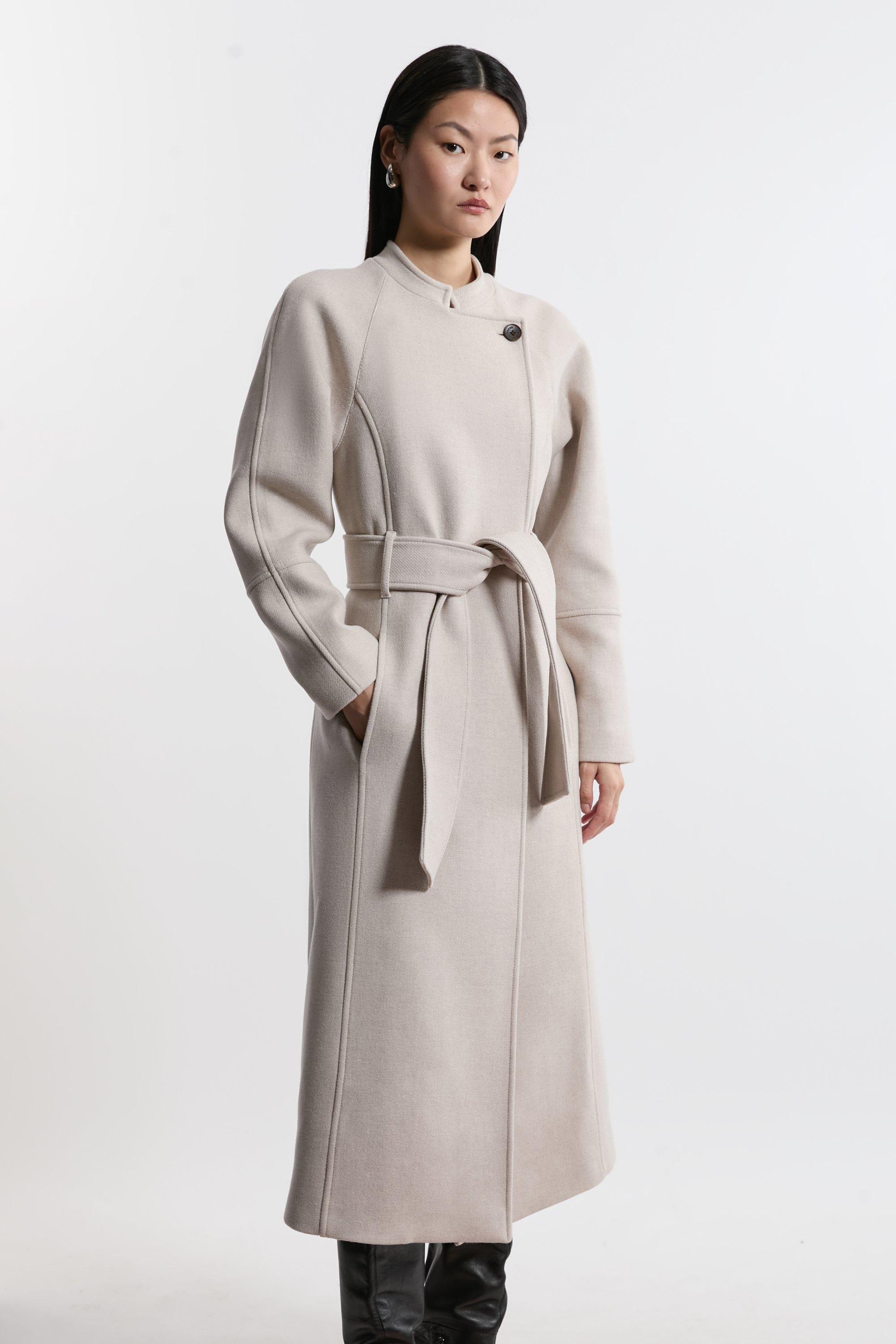 Premium Italian Manteco Wool Collarless Belted Tailored Midaxi Coat | Karen Millen | Karen Millen UK + IE + DE + NL