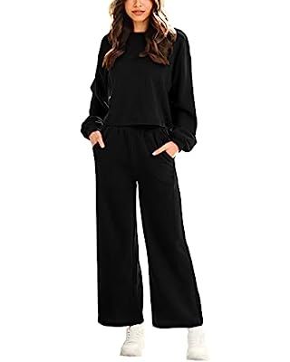 ANRABESS Women’s Two Piece Outfits Long Sleeve Crop Top Wide Leg Pants Knit Sweatsuit Loungewea... | Amazon (US)