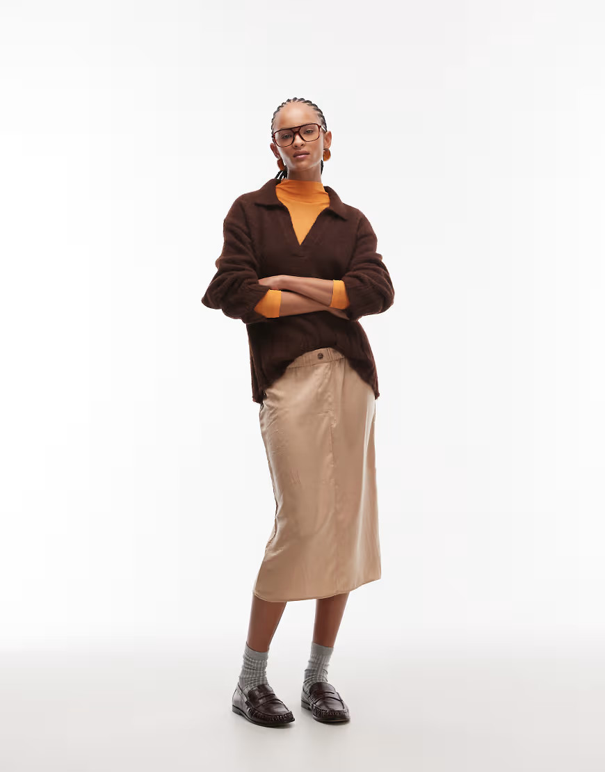 ASOS DESIGN crushed satin awkward length midi skirt in bronze-Brown | ASOS (Global)