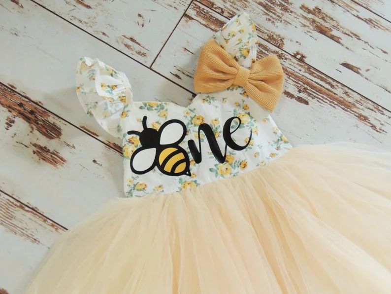 First Bee Day First Birthday Dress Yellow Floral Fun to Bee - Etsy | Etsy (US)