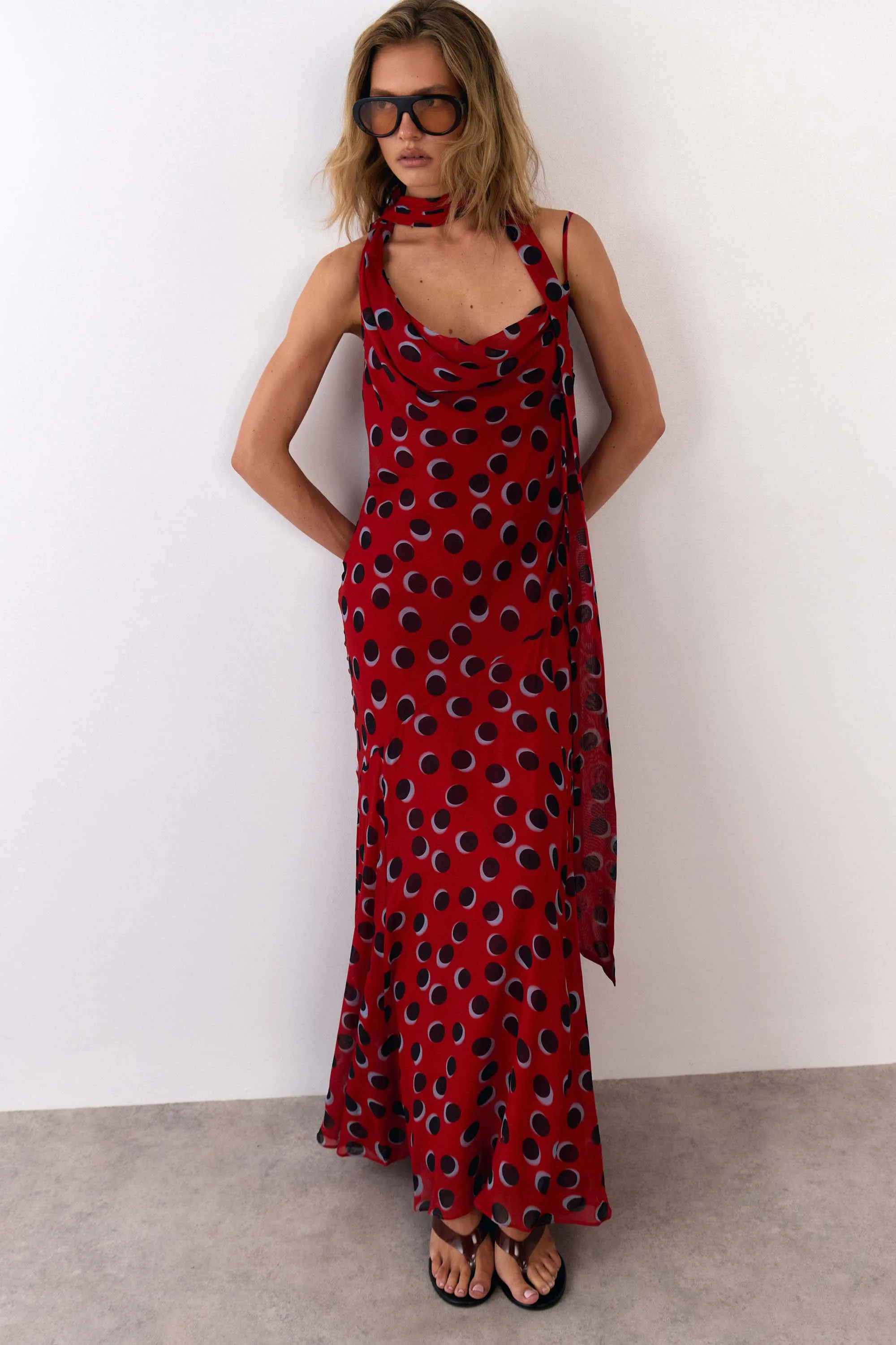 Red Warehouse Petite Premium Polka Dot Tie Neck Cowl Dress | Warehouse | Warehouse UK & IE
