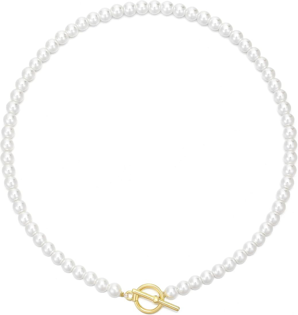 WWBGINF 6mm Pearl Necklace Round White Pearl Choker Dainty Toggle Clasp Handmade 14" 16" 18" Pearl S | Amazon (US)