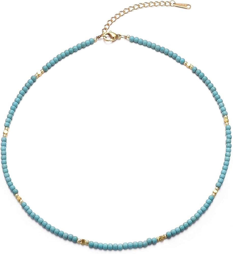Aleasha Turquoise Gold Choker 14" Dainty Beaded Necklace for Women Girls Jewelry Gifts | Amazon (US)