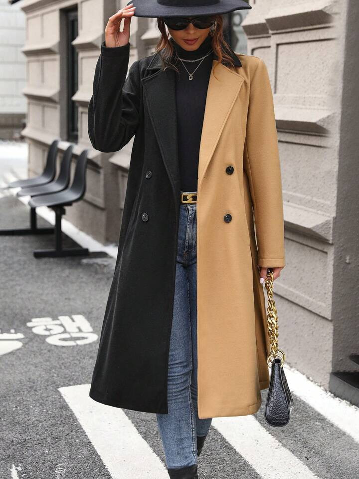 SHEIN Frenchy Two Tone Double Breasted Belted Overcoat | SHEIN
